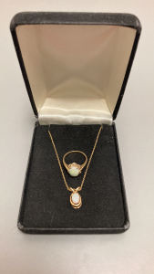 Gold Toned Opal Necklace And Ring Set- Size 5.5 Ring