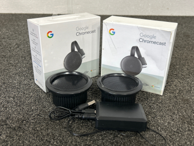 Pair of Google Chromecasts in Newlike Condition and Pair of Bluetooth Speakers (Powers on)