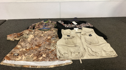 (2) Camo Hunting Shirts Short And Long Sleeve (M&L), Columbia Fishing Vest (L) And Patpat Womens Sweater (XL)
