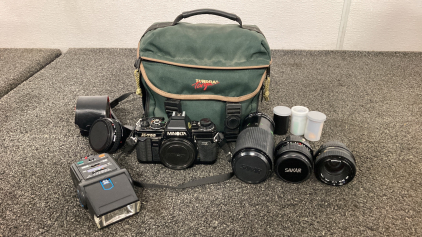Vintage Minolta X-700 35mm Camera With Lenses, Converter, Flash, Bag And (3) Rolls Of Film- Advance Lever Does Not Turn (May Need New Button Cell Battery)