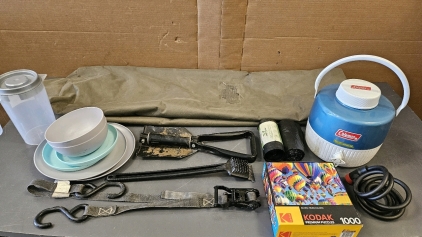 Camping Dishes, Folding Shovel, Army Duffel, Coleman Cooler, Bike Lock Cable w/ Key, More