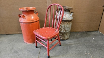 Antique Metal 5gal Milk Cans, Painted Wood Child's Chair