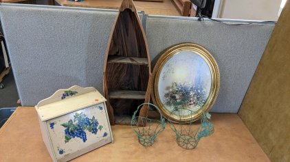 Oval Framed Print, Rowboat Shelf Unit, Bread Box, Wire Baskets