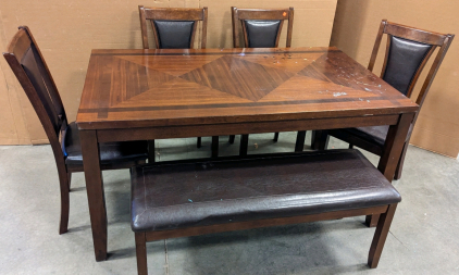 Dining Set w/Leather Cloth Padded Chairs & Bench