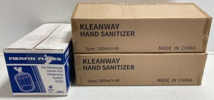 (2) Boxes of 300ml x 40 Kleanway Hand Sanitizer, (1) Box Pre-Moistened Center-Pull Dispensing System