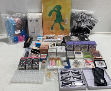 Squidward Canvas Print, Spray Bottles, Collagen Whitening Cream, Skeleton Tapestries, Hair Ties and Tools, Fake Nails, +2.50 Readers, Eyebrow Stamps, Kids Thermometer and More