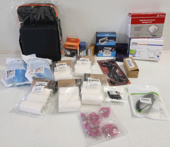 (4) Portawipes, Camping Lantern, (2) Carrying Cases, (2) Boxes Of Face Masks, (2) Garlic Presses, Medical Shears And More