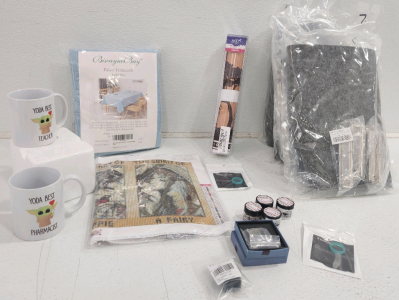 (3) Coffee Mugs, Diamond Painting, Tablecloth, (4) Bear Craft Shakera And More