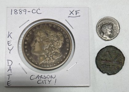 (1) 1889 Morgan Silver Dollar W/ Bronze Hue, (2) Vintage Coins Of Unknown Origin