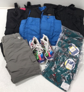 Marmot Boys Snow Pants (S); Weatherproof Reverseable Vest; Glaciers Edge Kids Bib Snow Pants (M); London Fog Kids Bib Snow Pants (S); Kids Running Shoes; (4) Santa Shark Pajama Pants XS/XXS