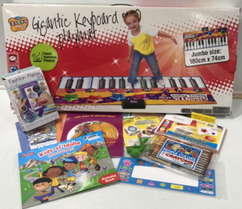 (1) Gigantic Keyboard Playmat (1) Fashion Plates (3) Storyline Coloring Books (1) 3 in 1 Activity Pad (1) Set of Crayons (1) Story Dice Activity (1) Kids of Idaho Activity Book