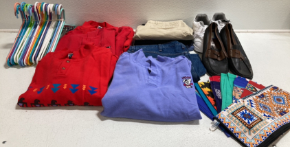Men’s Clothes: (4) Long Sleeve Shirts L/XL, Jeans 46x30, (3) Shorts 35/36, (2) Shoes Size 13, Native Inspired Bandanas, (34) Hangers