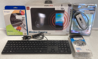 Wireless Charging Mousepad, Wireless Presenter Mouse, Flexible Earbuds, Kensington Notebook Lock, Wired HP Keyboard