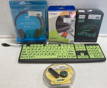 Logitech Stereo Headset, Kensington Notebook Lock, Philips Gaming Mouse, Glow in the Dark Wired Keyboard, USB PC Lock