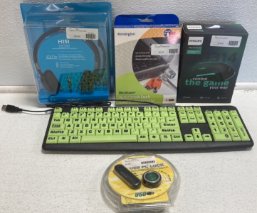 Logitech Stereo Headset, Kensington Notebook Lock, Philips Gaming Mouse, Glow in the Dark Wired Keyboard, USB PC Lock