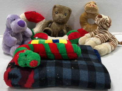 Variety of Dog Toys and Blanket