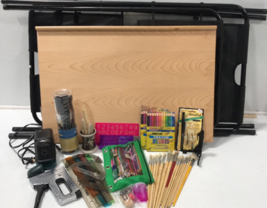 (1) Folding Wooden Stand (2) Fabric Canvas Holders (1) Electric Pencil Sharpeners (2) 12 Crayon Pencils (1) Speedball Sketching Project Set (1) Stanley Heavy Duty Stapler (1) Handheld Stapler (20) Various Sized Paintbrushes (1) 22pc Canvas Brush Roll Se