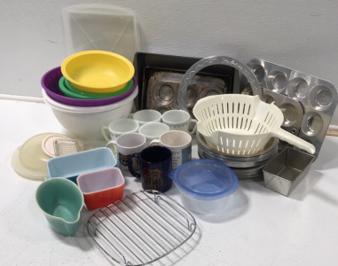 (4) Pyrex Coffee Cups (2) Small Pyrex Dishes (1) Ceramic Gravy Dish (2) Union Pacific Coffee Cups (6) Plastic Mixing Bowls (14) 9” Baking Tins (2) 8”x11” Baking Tray (1) Plastic Colander (1) Plastic Storage Container (3) Muffin Tins (1) Cooling Rack (1) P