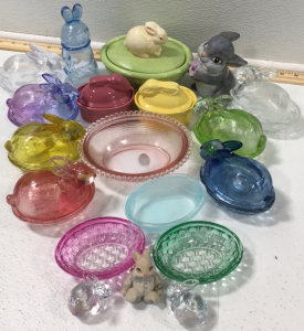 (3) Ceramic Bowls w/ Bunny Lids (7) Glass Dishes w/Bunny Lids (4) Assorted Glass Dishes (2) Bunny Figurines (1) Glass Bunny Jar (2) Glass Bunny Candle Holders