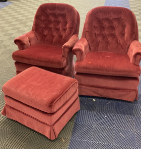 (2) Pink Velvet Swivel Chairs, (1) Matching Wheeled Ottoman