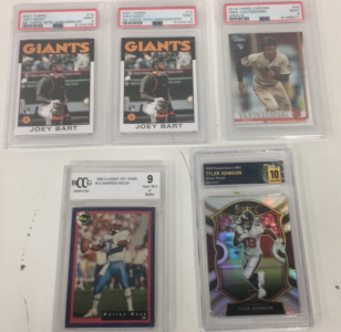 (2) 2021 Topps Joey Bart Rookie Cards Graded PSA 9 Mint (1) 2019!Topps Chrome Mike Yastrzemski PSA 9 Mint (1) 1992 Classic Warren Moon Bccg 9 (1) 2020 Panini Select BMG 10