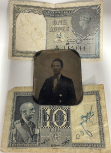 (1) Small Vitage Tin Type Photograph, (1) India Bill, (1) Italian Bill