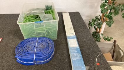 Tub Of Plastic Floral Tubing For Styrofoam Planters 64”X43” Blinds Like New Rolled Up Blue Tube Please Inspect