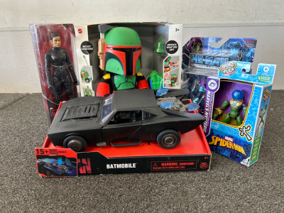 Youths toys Including: Batmobile, Star Wars Boba Fett, Spuderman, and More