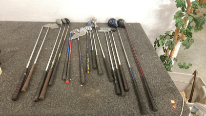 17 Golf Clubs Various Sizes. 6 Pitch 6 Putters 2 Drivers 3 “Wood Drivers” Inspect For Size