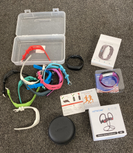 2Fitness Trackers 11 Bands And Letscom Head Set In Box Not Tested Please Inspect