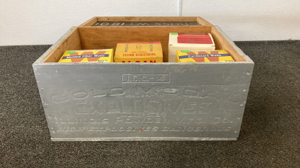 Vintage Cold Medal Explosives Wood Box With Reloading Wads. Box- 18-1/4”W x 9-1/2”H x 11-3/4”D