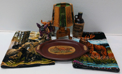 (2) Wood Animal Tapestry, Serving Tray And Morw