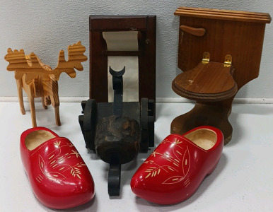 Wooden Clogs, Toilet Paper Holder And Other Wooden Items