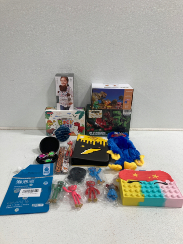 Dinosaur Toys, Fidget Toys, Stuffed Animal, Bubble Solution, Card Binder, Snap Bracelets And More