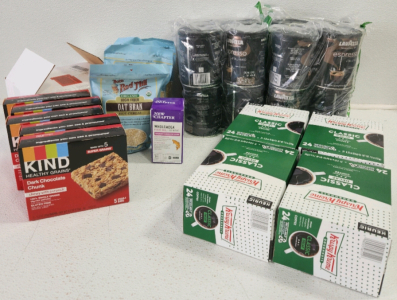 Healthy Kind Bars, (4) Krispy Kreme Coffee K - Cups, (4) Espresso Ground Coffee, (4) Oat Bran, Grapefruit Packets, Fish Oil Vitamins