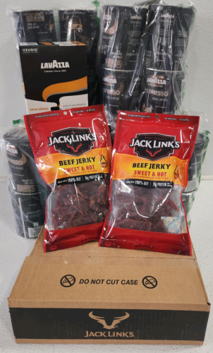 (4) Bags Of Jack Links Sweet & Hot Beef Jerky, (9) Packs Of Espresso Iltailno Ground Coffee, Roasted Ground Coffee K -Cups