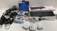 (5) Various Computer Keyboards, Notebook Cooling Fan, (3) Eero Internet Extenders, (2) USB 3-D Audio Adapters, 7.1 Audio Gaming Sound Card, Assorted Charging Cords