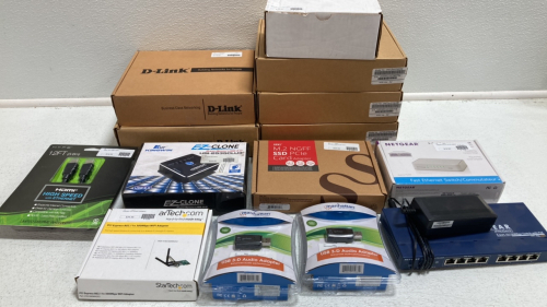 High Gain Antennas, D-Link 8 Port Routers, HDMI Cord, EZ-Clone USI-2535CLU3, SSD PCIE Card Adapter, Netgear Ethernet Switch, USB 3-D Audio Adapters, PCIE Wi-Fi Adapter and more