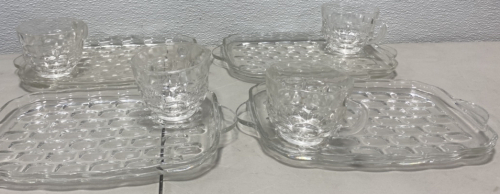 (4) Glass “Snack Plates” with Matching Glass Cups