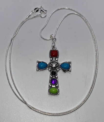 (1) Rainbow Turquoise Tibetan Silver Cross Necklace