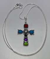 (1) Rainbow Turquoise Tibetan Silver Cross Necklace