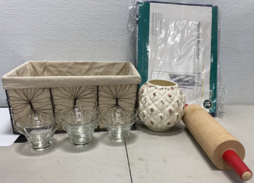 (1) Brown Wire Decoration Basket, (7) Glass Cups, (1) White Vase with Pink Flowers, (1) Red Handled Wooden Roller, (2) Hanging Wardrobes