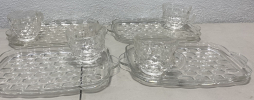 (4) Glass “Snack Plates” with Matching Glass Cups