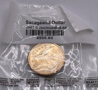 (1) 2001-D Sacagawea Dollar -60, (1) 2014-D Sacagawea Dollar-60, (1) 2017-D Sacagawea Dollar-60, (1) 1979-D Susan B Anthony Dollar-60, (1) National Park 25C Free Quarter Uncirculated-60, (1) 2004-D Jefferson 5C Keelboat Nickel Uncirculated-60, (1) 2012-P - 4
