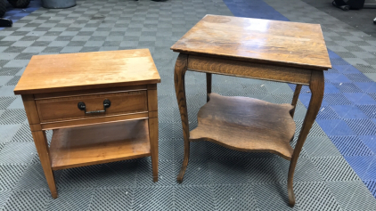 (1) Small Wooden Table w/Drawer (1) Wooden Square Table
