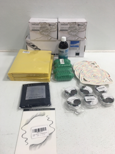 Window AC Kit, (2) String Lights, Fake Tattoos, Yellow Plastic Folders, (3) Shampoo Soaps, Coasters And More