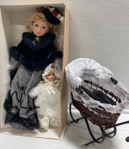 Baby’s Dream Porcelain Doll w/ Baby and Carriage