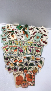 Wooden Vegetable Pins, Earrings, Necklaces; Wooden Seed Packets and Other Wooden Vegetable Signs