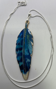 (1) Golden Blue Metal Enameled Feather W/ Silver .925 Necklace