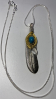 (1) Tibetan Silver Feather W/ Turquoise Inlay Silver .925 Necklace